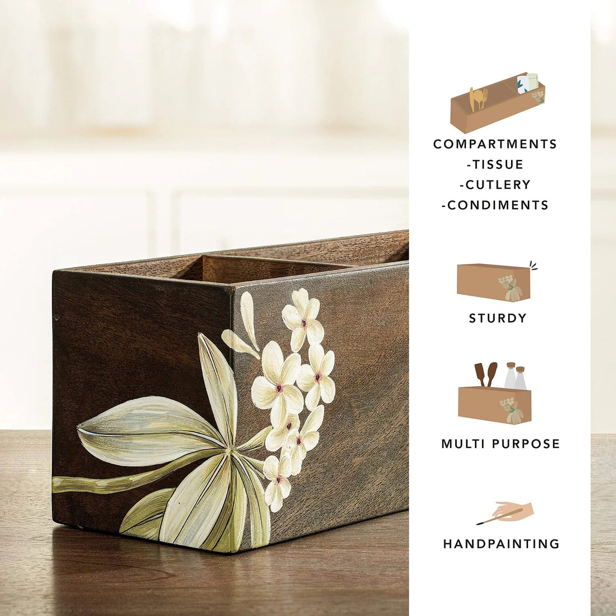 Ellementry Frangipani Wooden Cutlery Holder | Premium Spoon Knife Fork Stand | Handcrafted