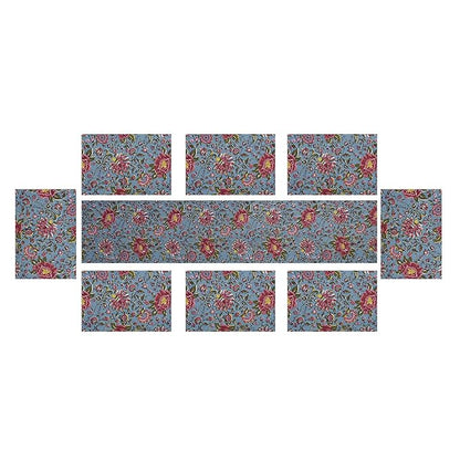Texstylers Cotton Canvas Block Printed Jaipuri Rajasthani 1 Table Runner and 8 Placemat Set Red Green