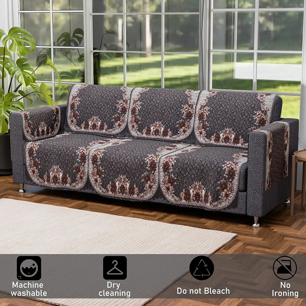Kuber Industries Set of 16 Anti-Skid Sofa Cover 5-Seater with Arm Cover Floral Print Dark Olive Green