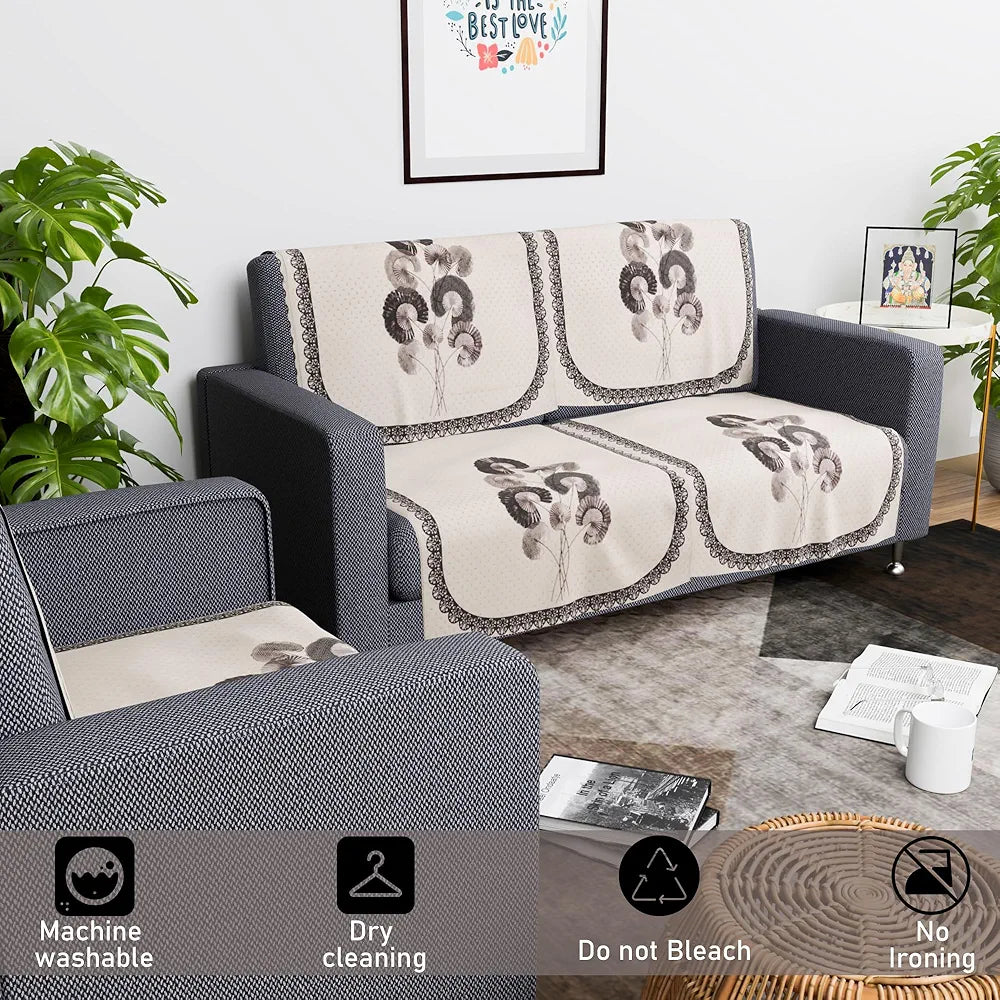 Kuber Industries Set of 6 Velvet 2+1 Seater Sofa Covers for Living Room Digital Flower-Cream & Green