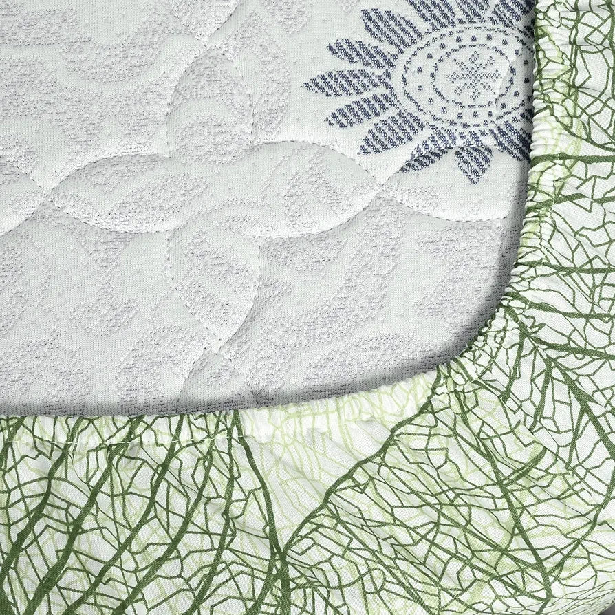 Divine Casa 100% Cotton Fitted Bedsheet for Double Bed Dry Leaf Print Colour Olive Green Elastic Fit Soft & Breathable with 2 Pillow Covers