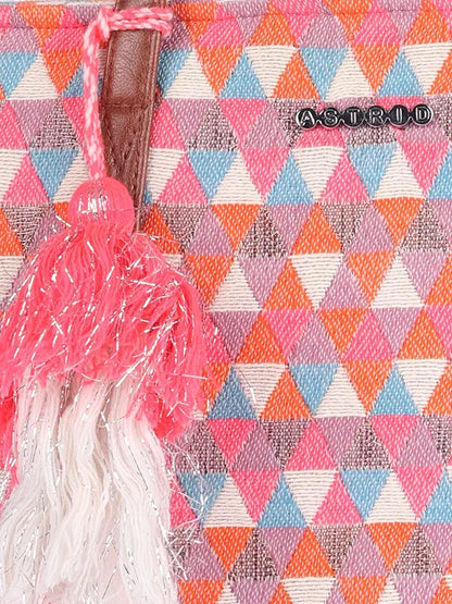 Astrid Handmade Macrame Flap Over Sling Bag For Girls And Women Colour Peachy White Triangles