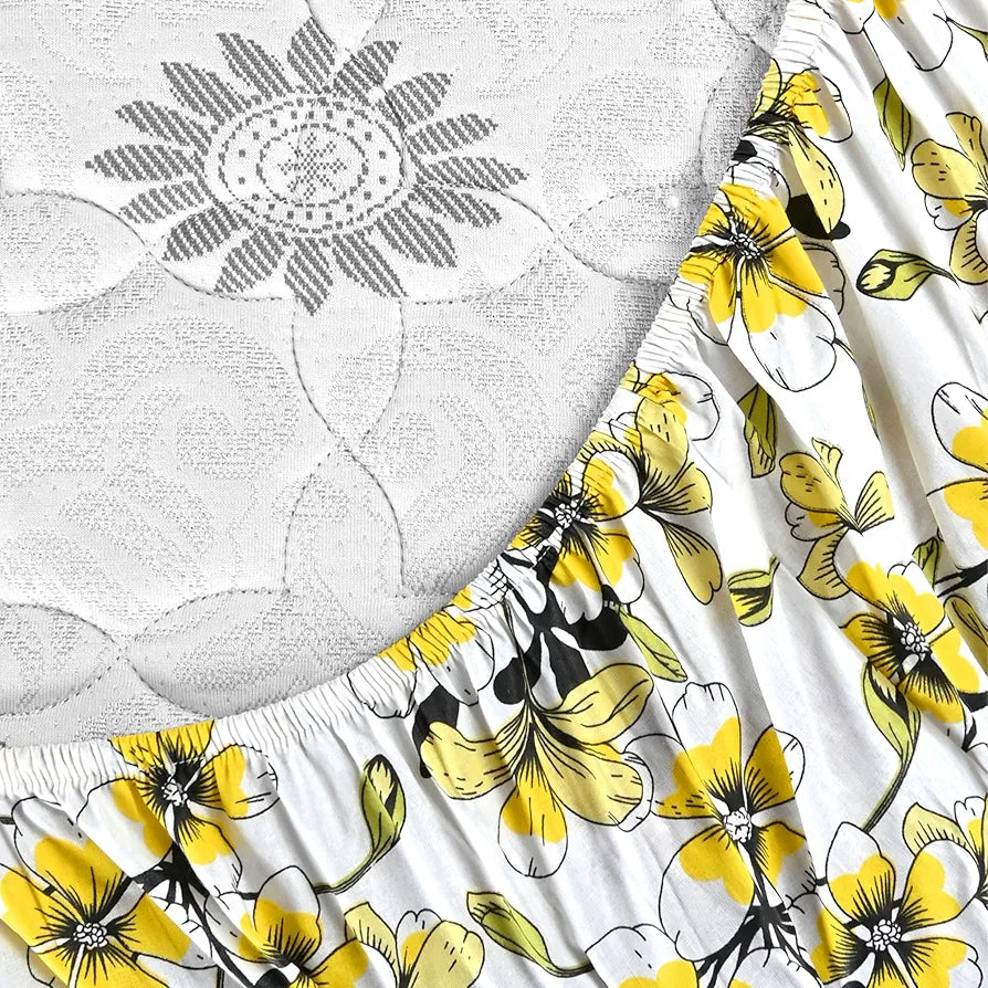 Divine Casa Floret 100% Cotton Double Fitted Bedsheet 144 TC Deep Pocket Design Colour Daffodil Yellow