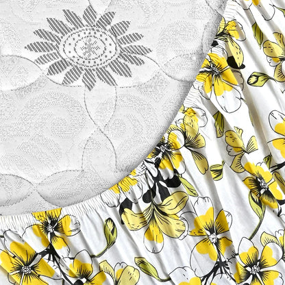 Divine Casa Floret 100% Cotton Double Fitted Bedsheet 144 TC Deep Pocket Design Colour Daffodil Yellow