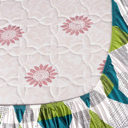 Divine Casa Green and Blue Abstarct Zig Zag Dual Print Pattern 120 TC Glace Cotton Elastic Fitted Printed Queen Size Double Bed Bedsheet with 2 Pillow Cover Love Bird