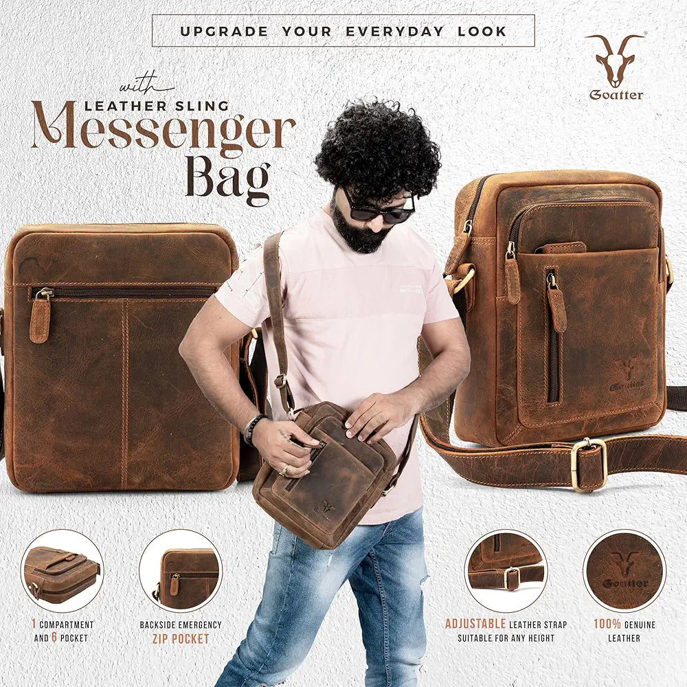 Goatter Genuine Leather Multi Pocket 9" Inch Messenger Sling Bag For Unisex