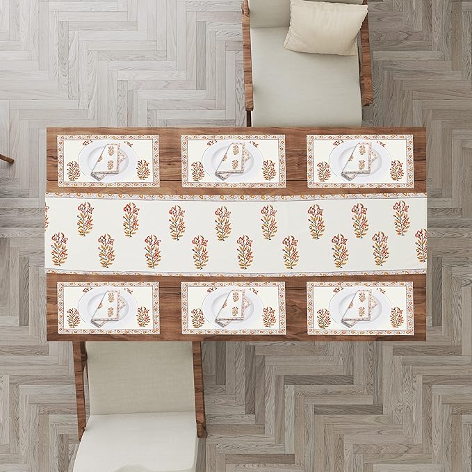 Blocks Of India Hand Block Printed Cotton Table Runner Mat and Napkin Orange Buta