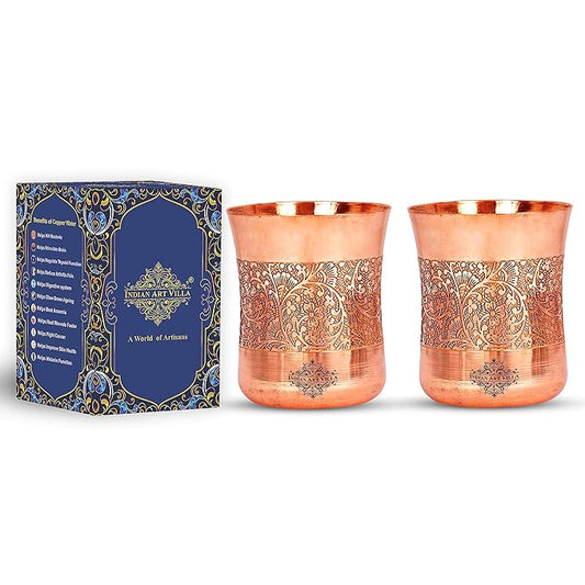 Indian Art Villa Curved Copper Glass Tumbler Cup With Embossed Design