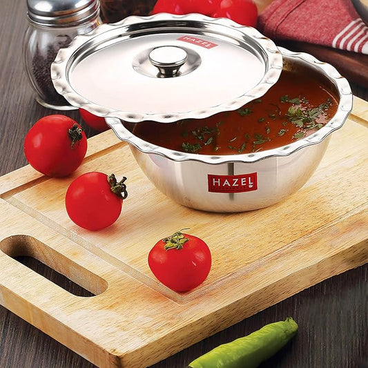 Hazel Stainless Steel Classic Serving Bowl Wati Vati Katori with Lid 400 ml (Silver, 13.5 cm)
