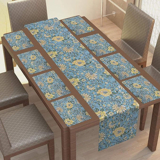 Texstylers Cotton Canvas Block Printed Jaipuri Rajasthani 1 Table Runner and 8 Placemat Set