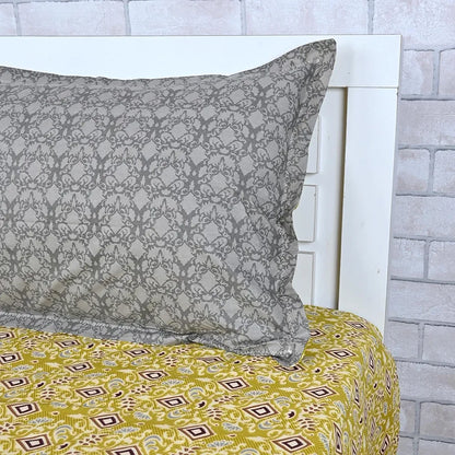 Divine Casa 144 TC Pure Cotton Single Size Bedsheet with 1 Pillow Cover Geometric Diamond Print Colour Golden Lime Grey