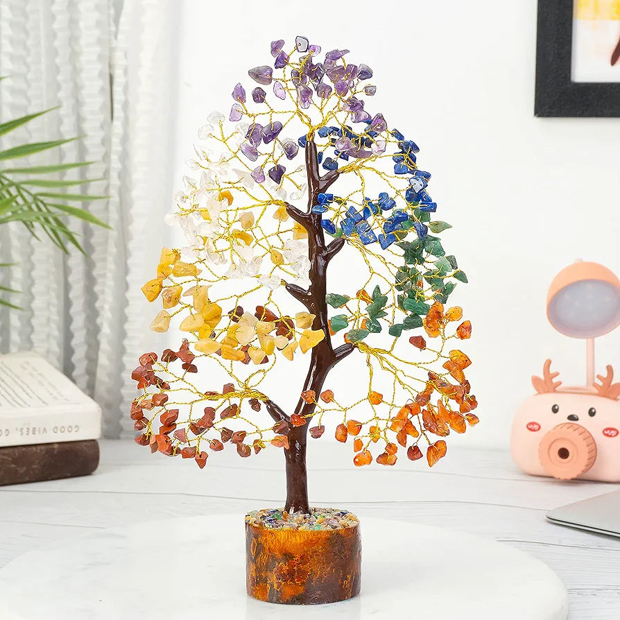Zaicus Seven Chakra Crystal Tree of Life Stone Fortune Feng Shui Bonsai Golden Wire 10-12 Inch