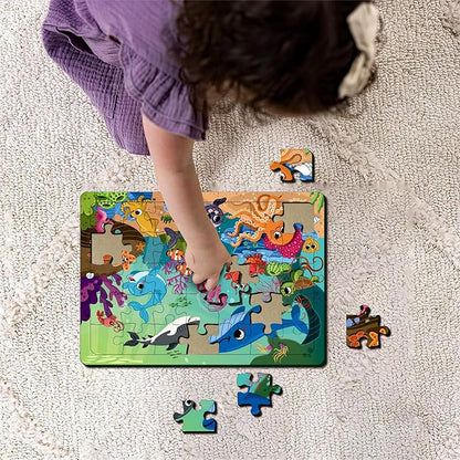 Mini Leaves 35 Piece Puzzle for Kids | Ocean Animals Jigsaw Puzzle | Educational Toys for Kids 3+ Years With Wooden Tray