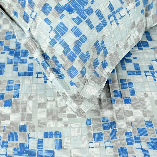 Divine Casa 144 TC Pure Cotton Double Bed Bedsheet with 2 Pillow Covers Mosaic Bloom Colour Blue Grey