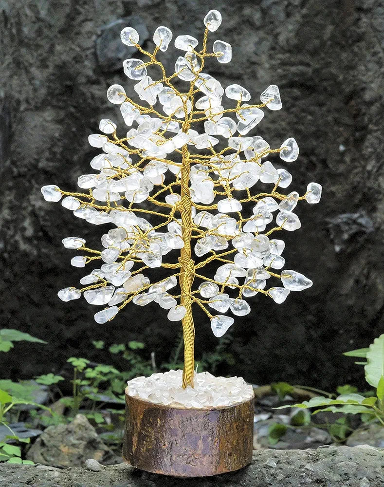 Crocon Clear Quartz Gemstone Money Tree Feng Shui Bonsai Golden Wire