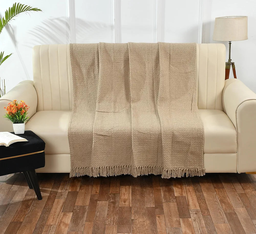 Sashaa World Weaved Beige Cotton Throw Colour Beige