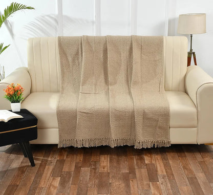 Sashaa World Weaved Beige Cotton Throw Colour Beige