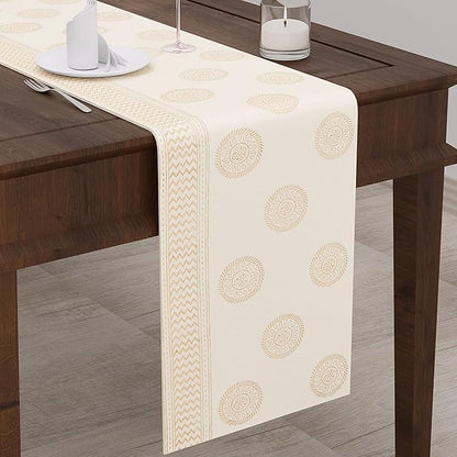 Blocks Of India Hand Block Printed Cotton Table Runner for Center Dining Table Gold Circle