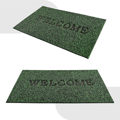 Kuber Industries Anti-Slip Welcome Print Grass Door Mats for Home Green