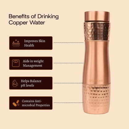 Artarium Hammered Copper Bottle with Copper Cap and Straw Set