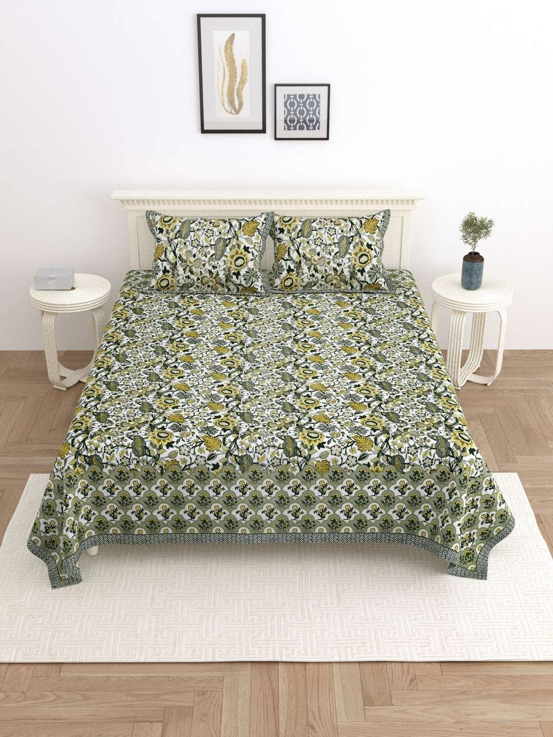 100% Pure Cotton Traditional Printed Bedsheet for Double Bed King Size Bedsheet with 2 Pillow Covers