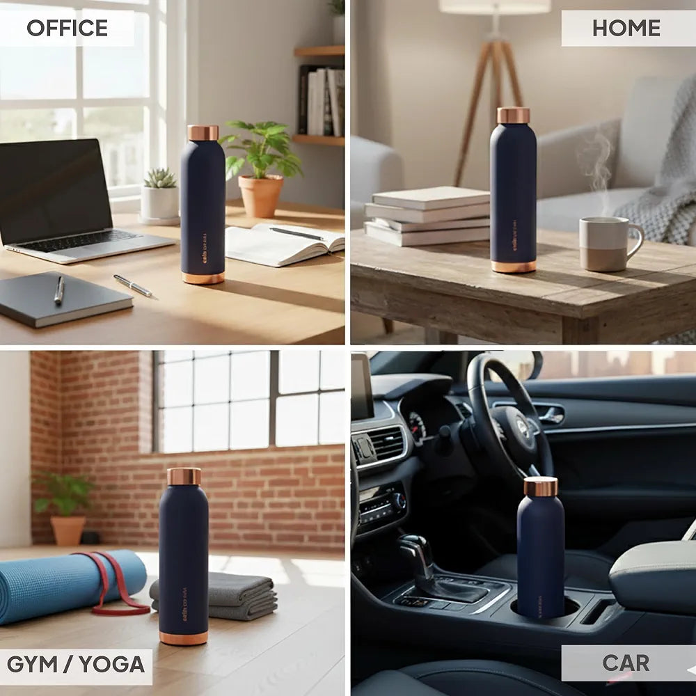 CELLO Evita Copper Water Bottle For Daily & Office Use 700 ml, Blue | Leakproof & Rustproof ISI Certified Single Wall 100% Pure Copper Promotes Immunity, Improve Digestion & Supports Healthy Living