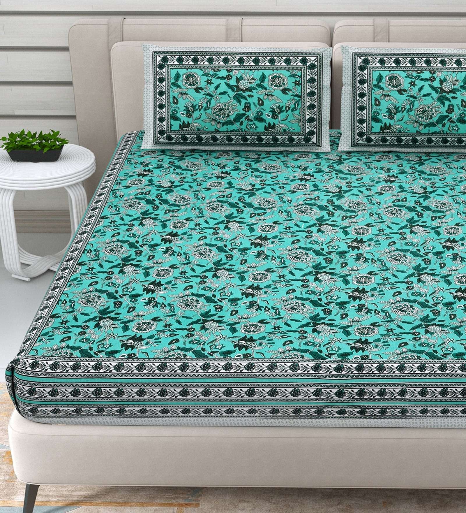 100% Pure Cotton Traditional Printed Bedsheet for Double Bed King Size Bedsheet with 2 Pillow Covers