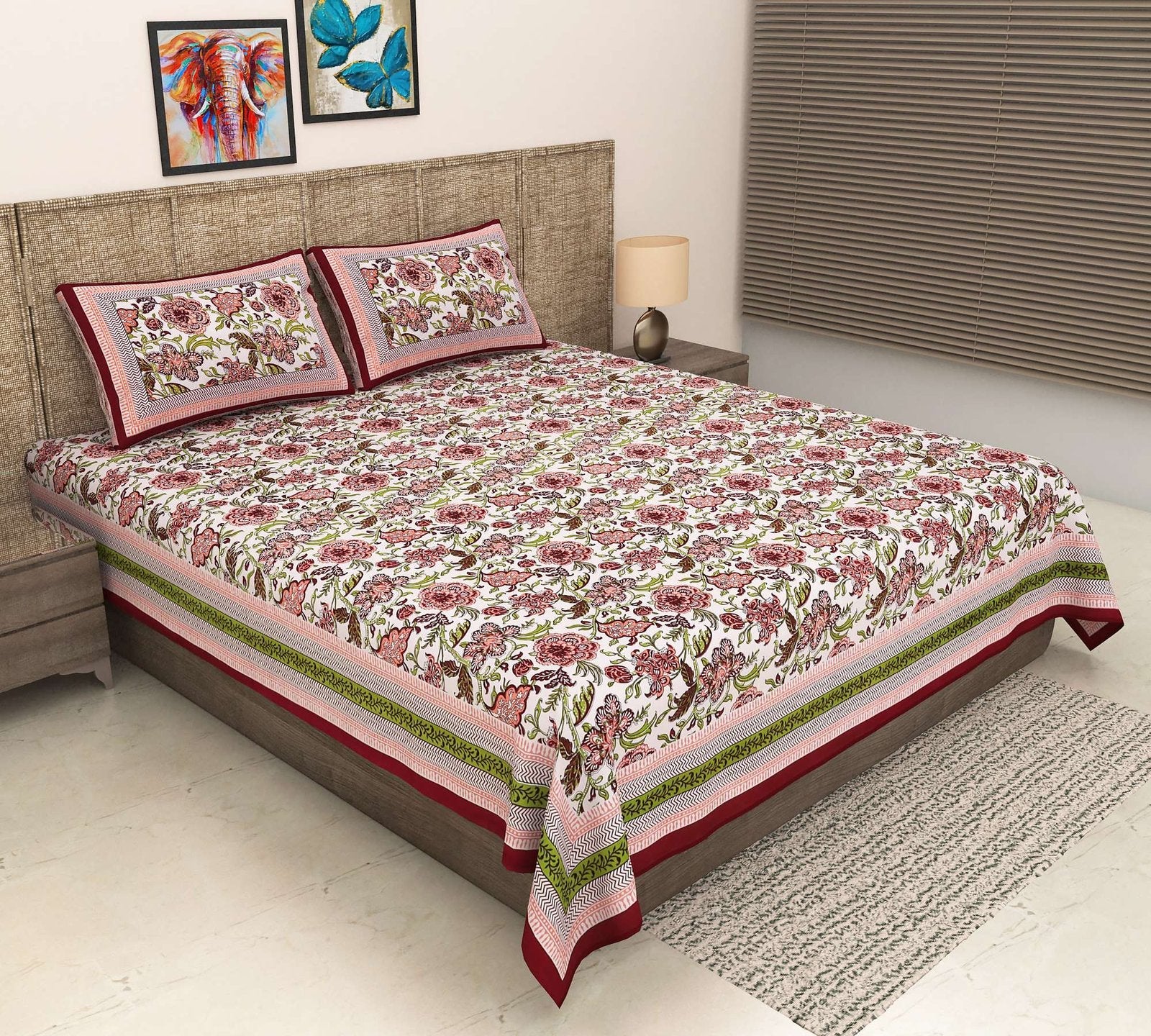 100% Pure Cotton Traditional Printed Bedsheet for Double Bed King Size Bedsheet with 2 Pillow Covers