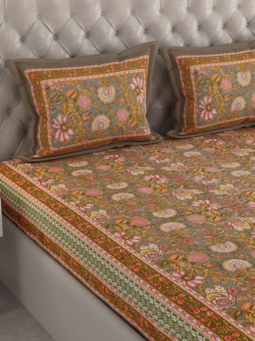 100% Pure Cotton Traditional Printed Bedsheet for Double Bed King Size Bedsheet with 2 Pillow Covers