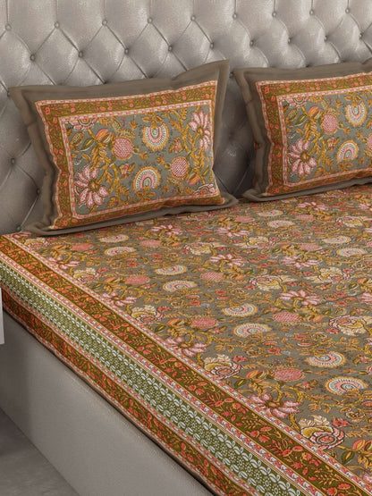 100% Pure Cotton Traditional Printed Bedsheet for Double Bed King Size Bedsheet with 2 Pillow Covers