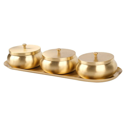 Artarium Brass Nut Bowl Set of 3 with Lids and Tray