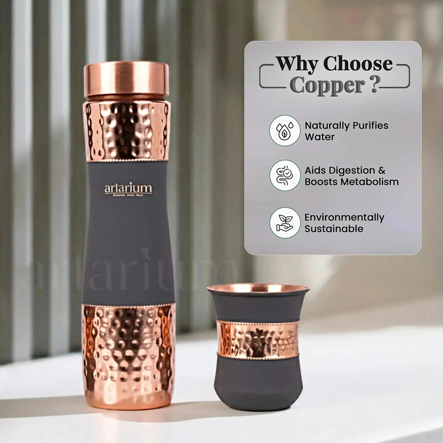 Artarium Hammered Copper Bottle with Copper Cups Gift Set
