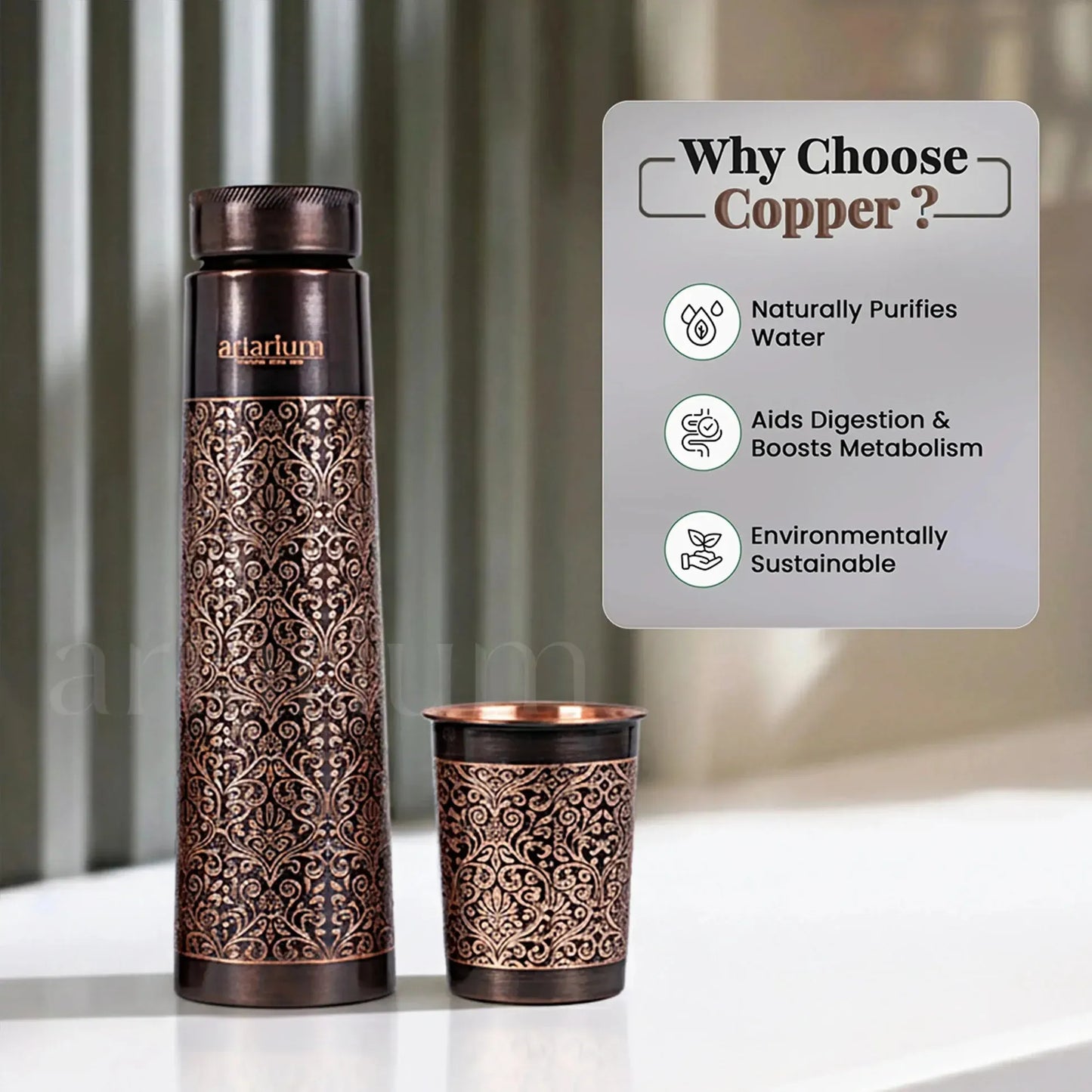 Artarium Antique Etching Copper Bottle with Copper Cups Set