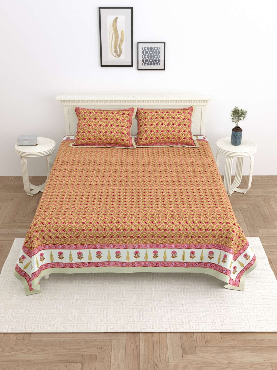 100% Pure Cotton Traditional Printed Bedsheet for Double Bed King Size Bedsheet with 2 Pillow Covers