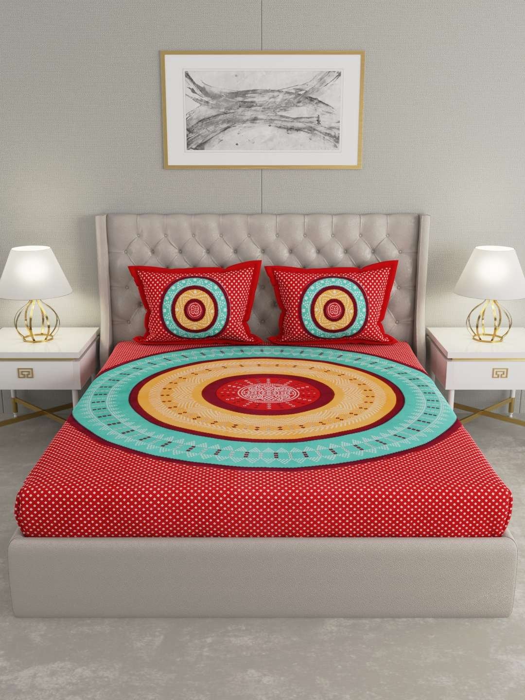 100% Pure Cotton Traditional Printed Bedsheet for Double Bed King Size Bedsheet with 2 Pillow Covers