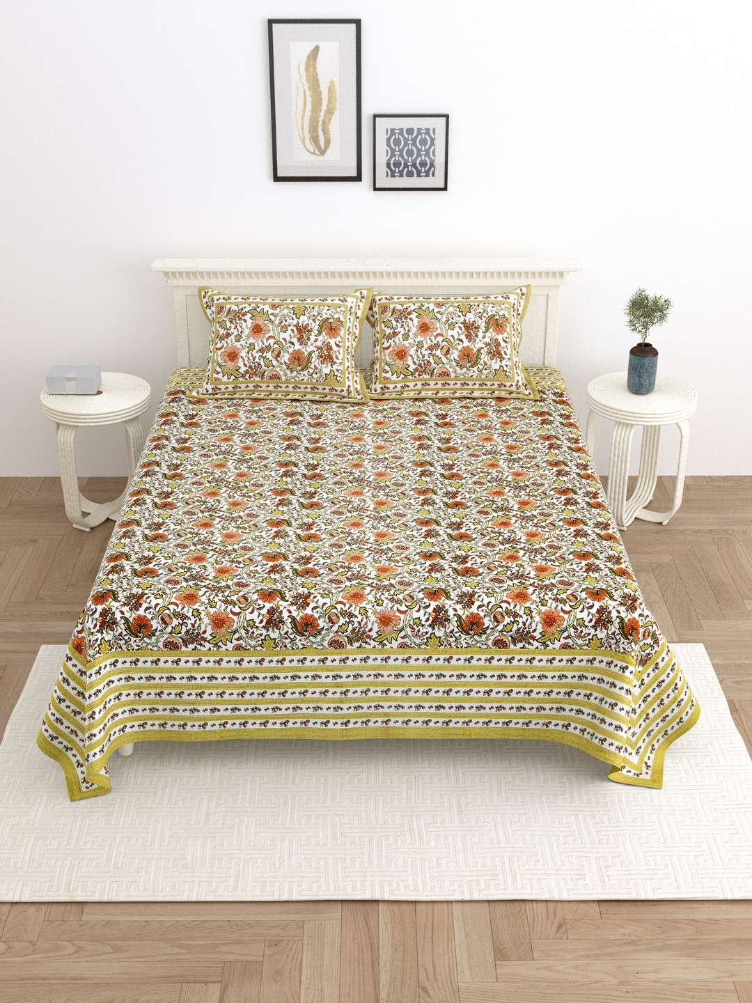 100% Pure Cotton Traditional Printed Bedsheet for Double Bed King Size Bedsheet with 2 Pillow Covers