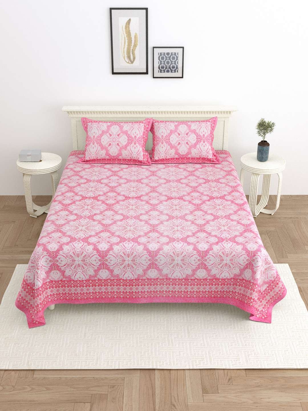 100% Pure Cotton Traditional Printed Bedsheet for Double Bed King Size Bedsheet with 2 Pillow Covers