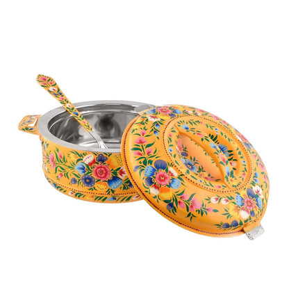 Premium Hand-Painted Yellow Aluminium Hot Case Casserole with Floral Design