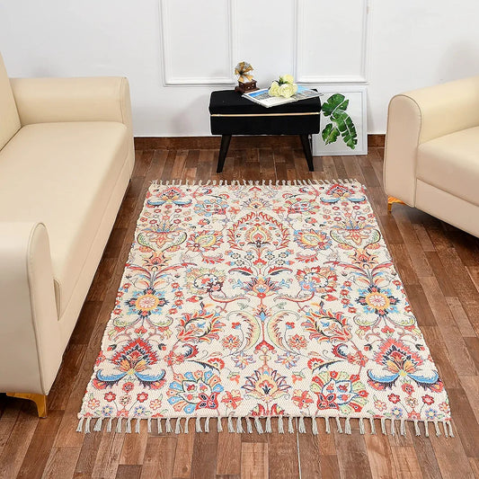 Homadorn Handmade Sustainable Printed Modern Dhurrie/Rugs/Carpet Colour Off white