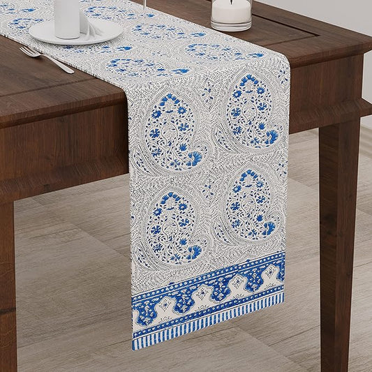 Blocks Of India Hand Block Printed Cotton Table Runner for Center Dining Table Blue Mughal