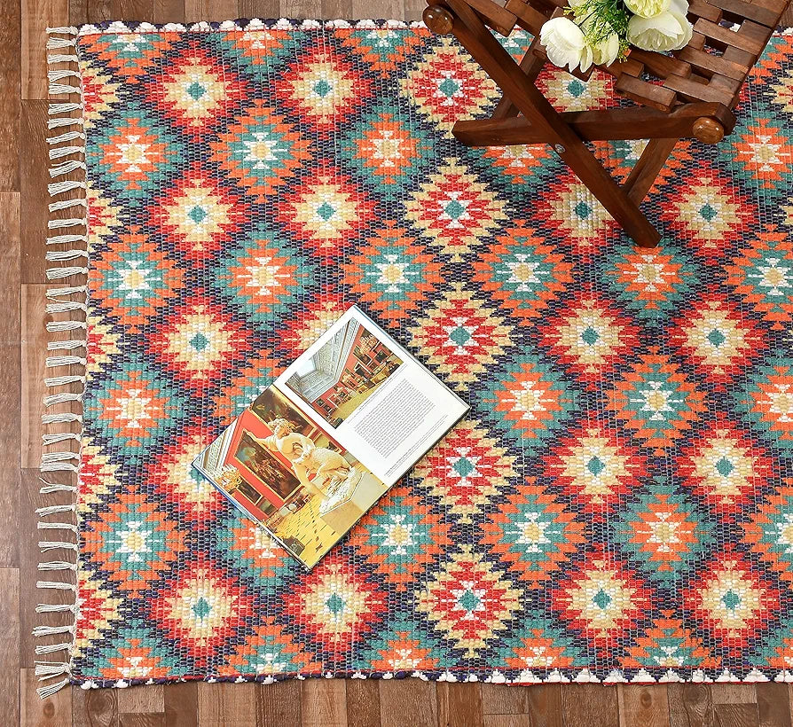 Homadorn Handmade Sustainable Printed Modern Dhurrie/Rugs/Carpet Colour Green