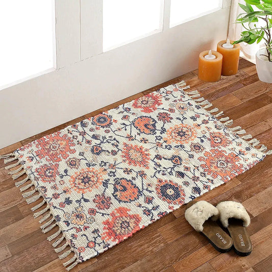 Homadorn Handmade Sustainable Printed Modern Dhurrie/Rugs/Carpet Colour Blue Cream
