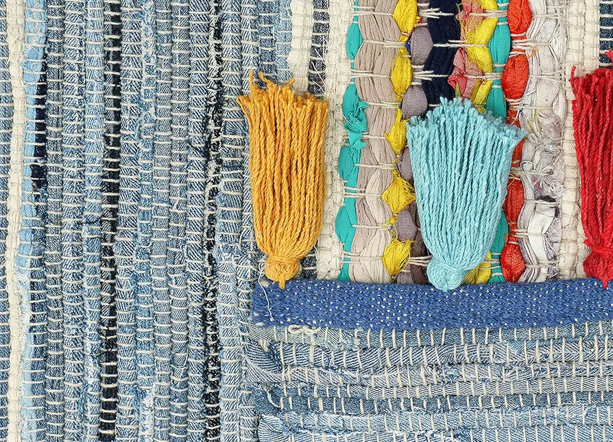 The Home Talk Cotton Chindi Rug Denim Weived Carpets for Bathroom Entrance Door Denim Blue