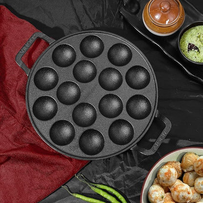 Vinod Legacy Cast Iron Stick Free Paniyarakkal Pan - 15 Cups | 25cm