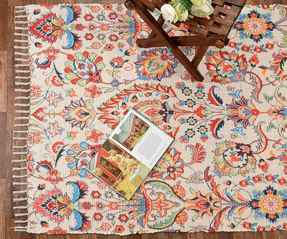 Homadorn Handmade Sustainable Printed Modern Dhurrie/Rugs/Carpet Colour Off white