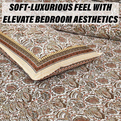 Kuber Industries Double Bedsheet with 2 Pillow Covers 160 TC Premium Cotton Dezier Bell Print Cream
