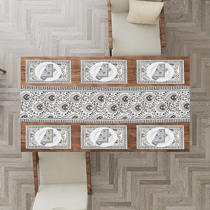 Blocks Of India Hand Block Printed Cotton Table Runner Mat And Napkin Brown Jaal Large