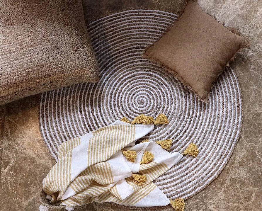 The Home Talk Natural Handcrafted Braided Round Jute Rug 120 cm White
