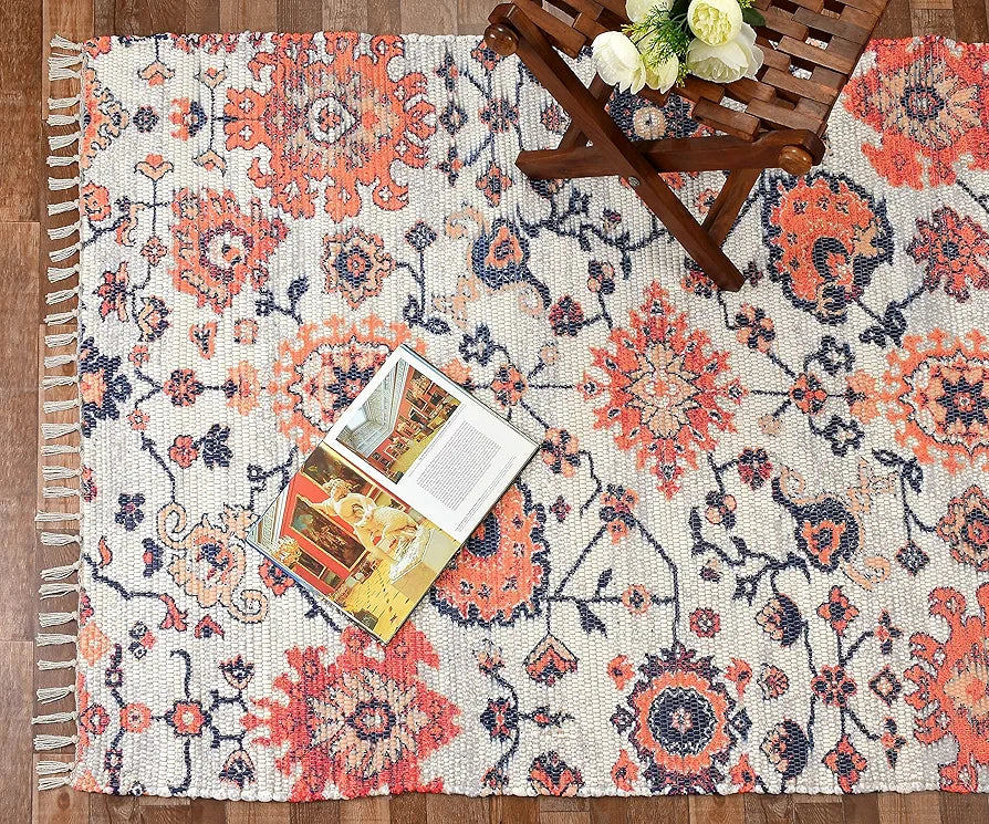 Homadorn Handmade Sustainable Printed Modern Dhurrie/Rugs/Carpet Colour Blue Cream