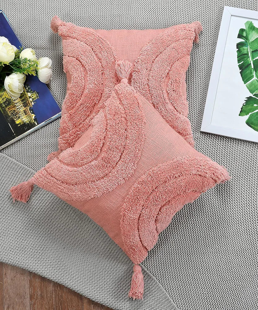 Homadorn Luxury Cotton 250 TC Handmade Decorative Boho Throw Tufted Pillow Covers Peach